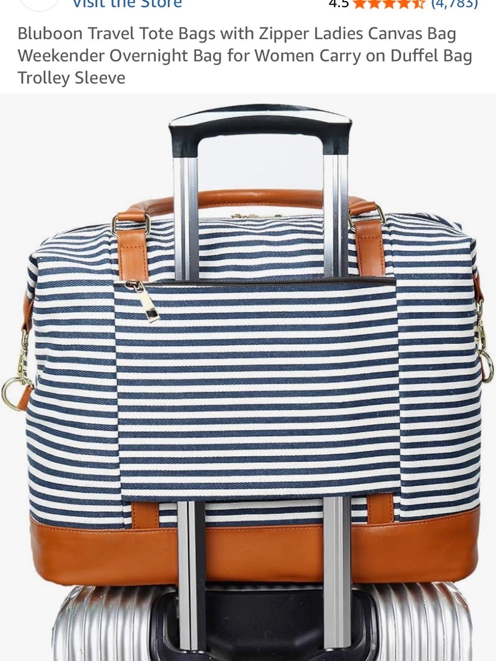 Navy & White Striped Canvas Travel Tote with Tan Trim